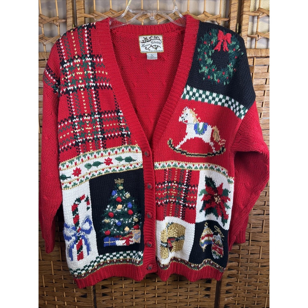 Vintage Christmas Heirloom Collectibles Red Button Down Hand Knit Cardigan LG